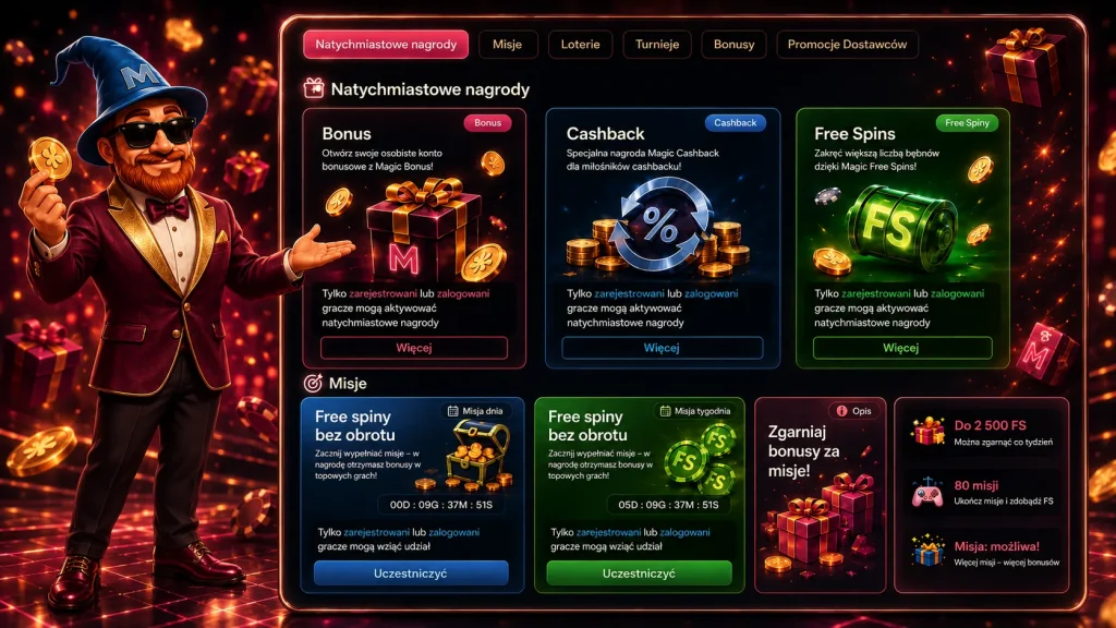 Bonusy Magic365 – bonusy, cashback, free spiny та misje dla graczy